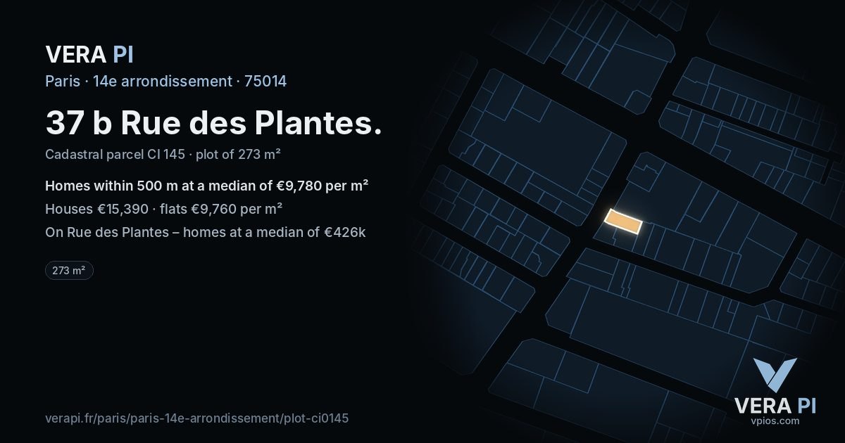 37 b Rue des Plantes, 14e arrondissement at night – the plot lit, the parcels around coloured by the prices near them