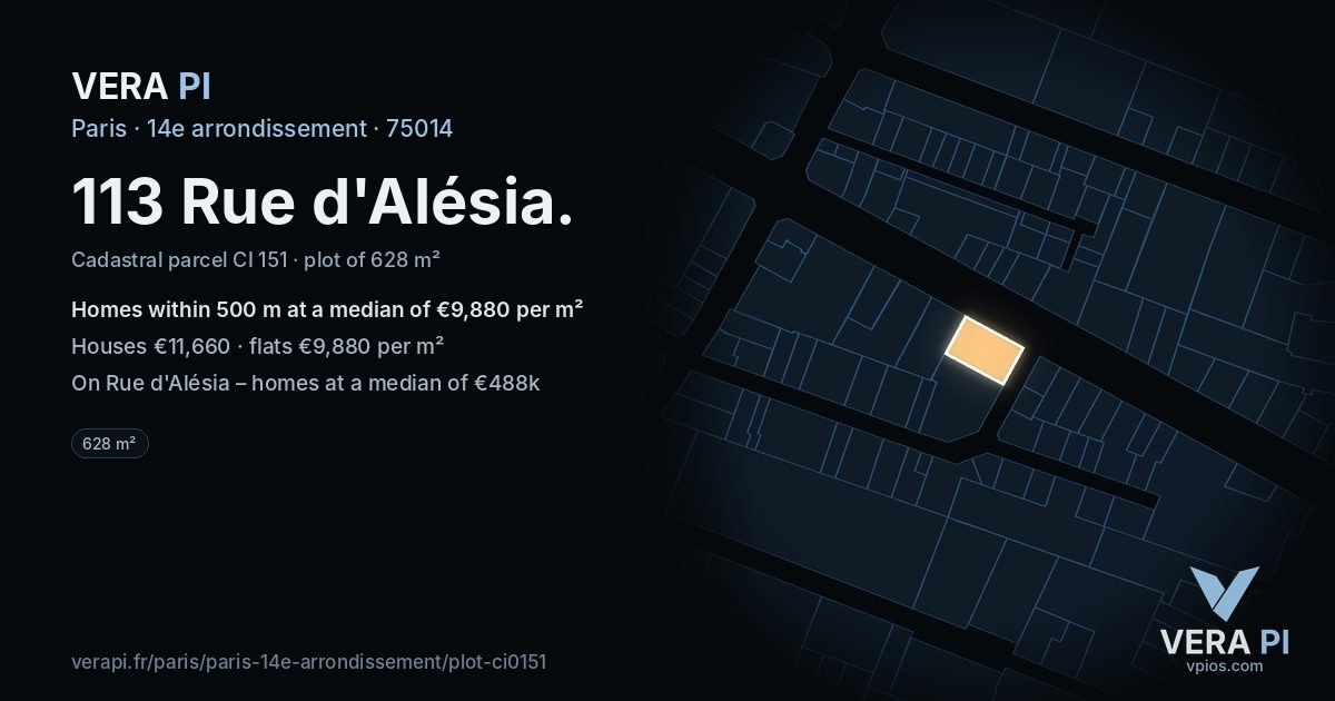 113 Rue d'Alésia, 14e arrondissement at night – the plot lit, the parcels around coloured by the prices near them