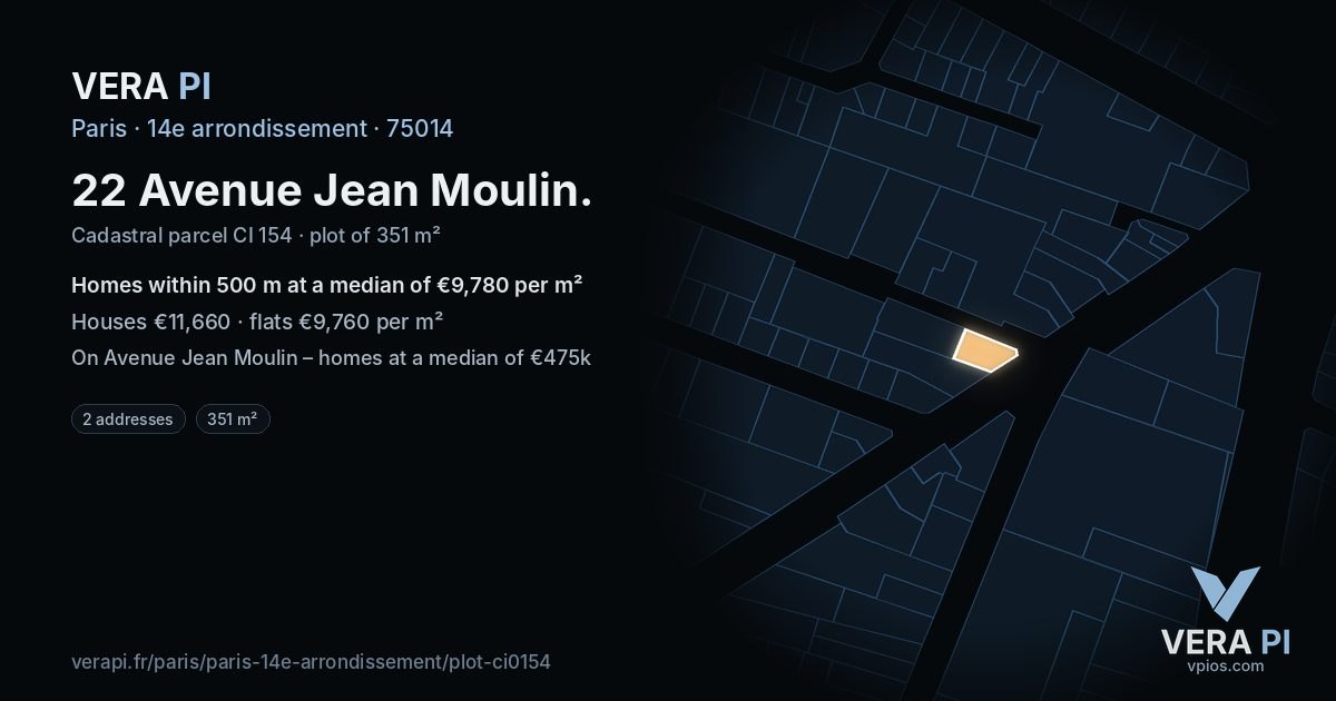 22 Avenue Jean Moulin, 14e arrondissement at night – the plot lit, the parcels around coloured by the prices near them