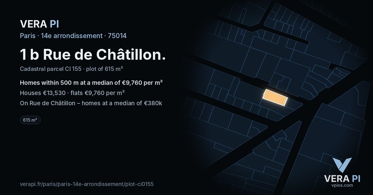 1 b Rue de Châtillon, 14e arrondissement at night – the plot lit, the parcels around coloured by the prices near them