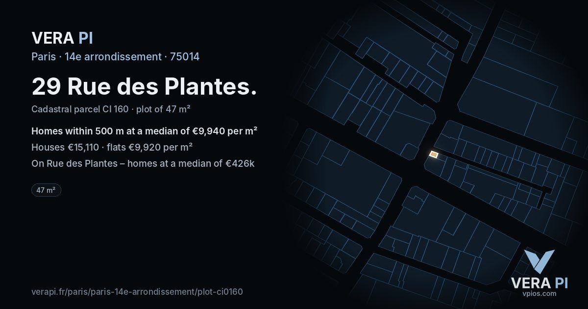 29 Rue des Plantes, 14e arrondissement at night – the plot lit, the parcels around coloured by the prices near them