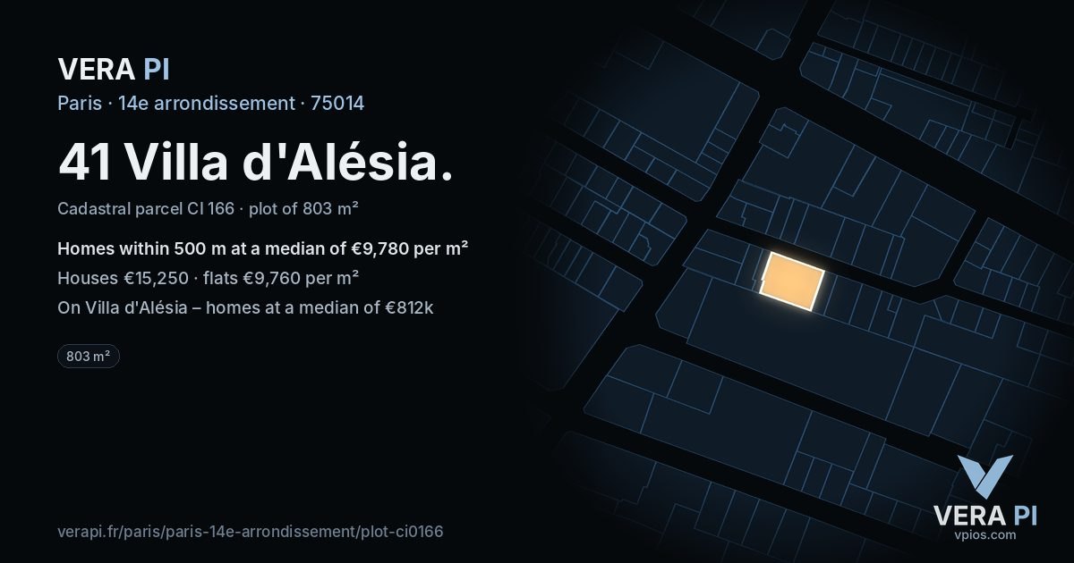 41 Villa d'Alésia, 14e arrondissement at night – the plot lit, the parcels around coloured by the prices near them