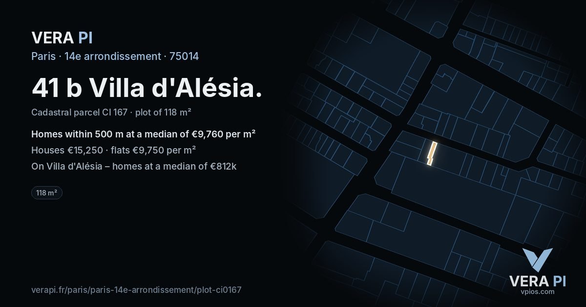 41 b Villa d'Alésia, 14e arrondissement at night – the plot lit, the parcels around coloured by the prices near them