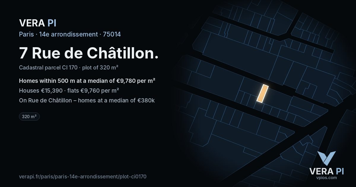 7 Rue de Châtillon, 14e arrondissement at night – the plot lit, the parcels around coloured by the prices near them