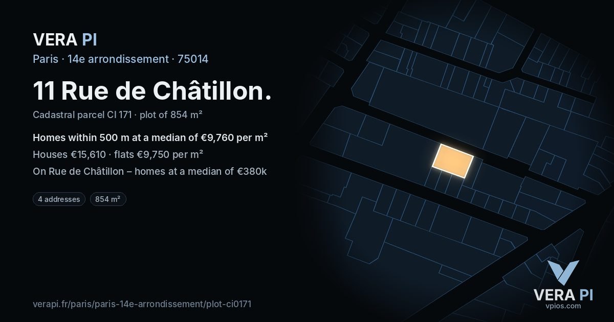 11 Rue de Châtillon, 14e arrondissement at night – the plot lit, the parcels around coloured by the prices near them