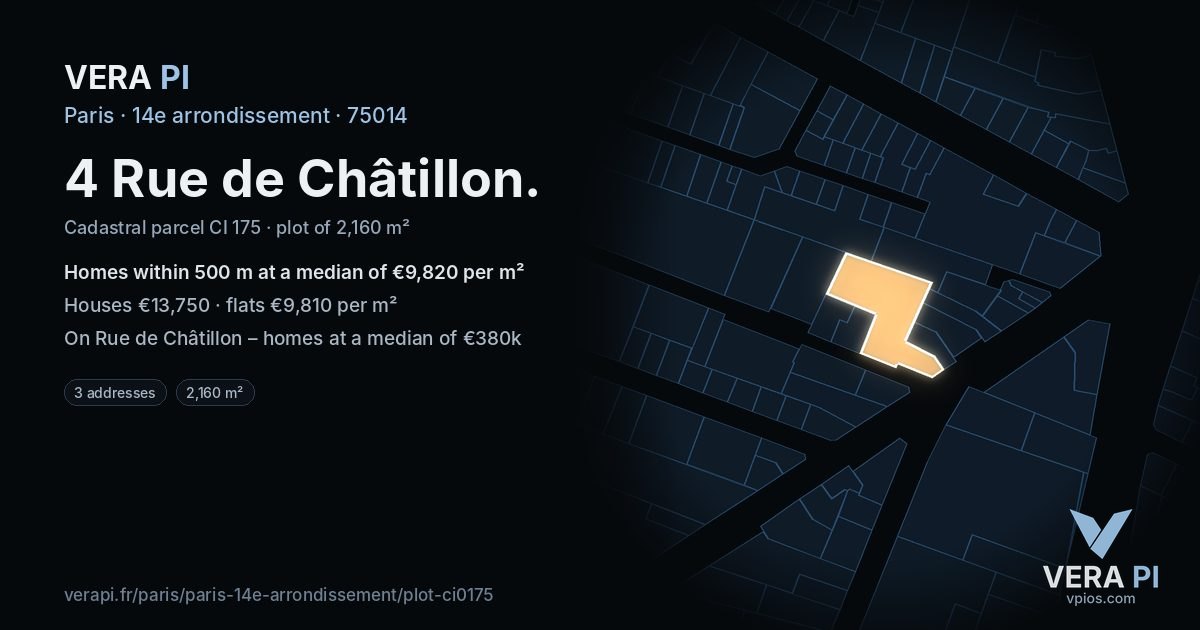 4 Rue de Châtillon, 14e arrondissement at night – the plot lit, the parcels around coloured by the prices near them