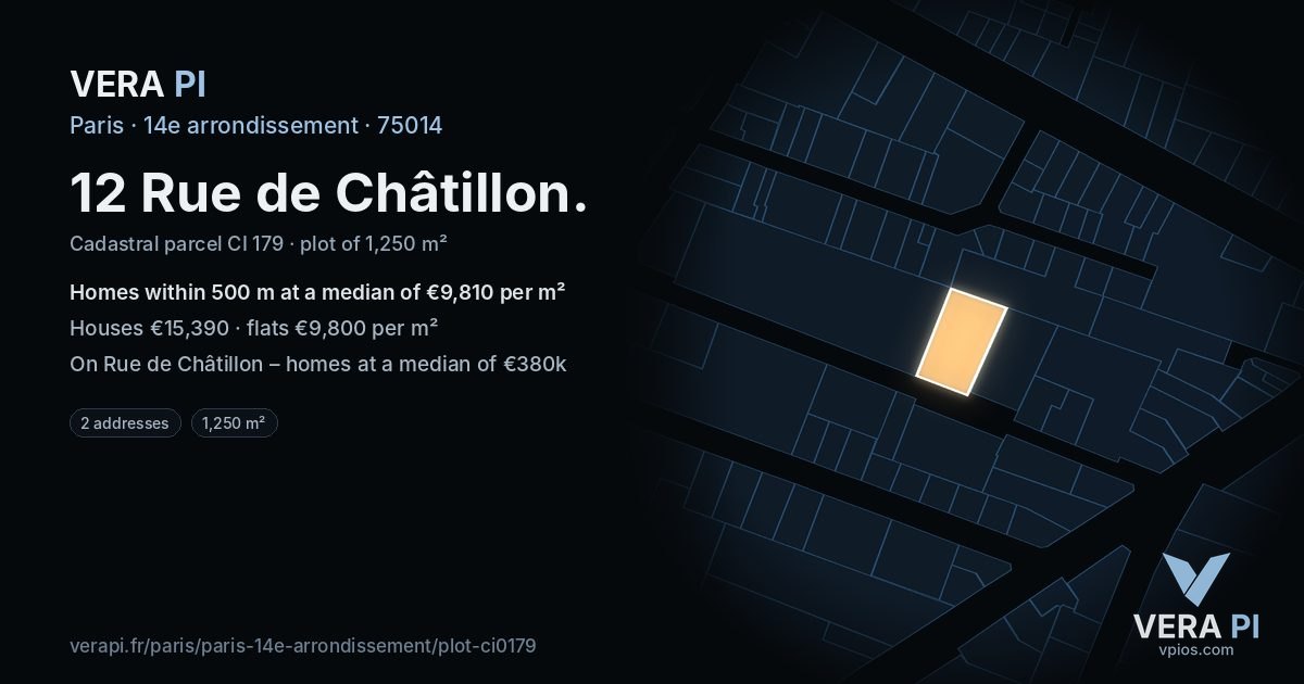 12 Rue de Châtillon, 14e arrondissement at night – the plot lit, the parcels around coloured by the prices near them
