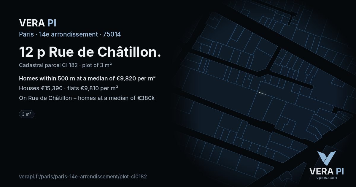 12 p Rue de Châtillon, 14e arrondissement at night – the plot lit, the parcels around coloured by the prices near them