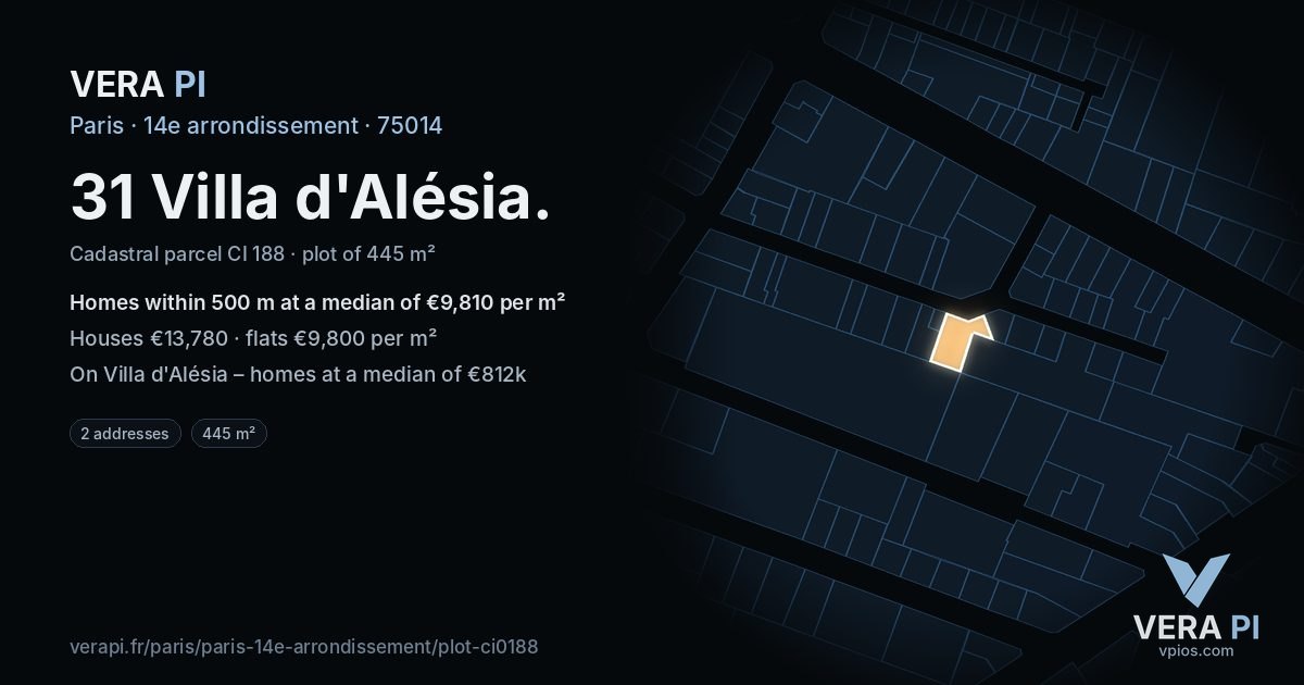 31 Villa d'Alésia, 14e arrondissement at night – the plot lit, the parcels around coloured by the prices near them