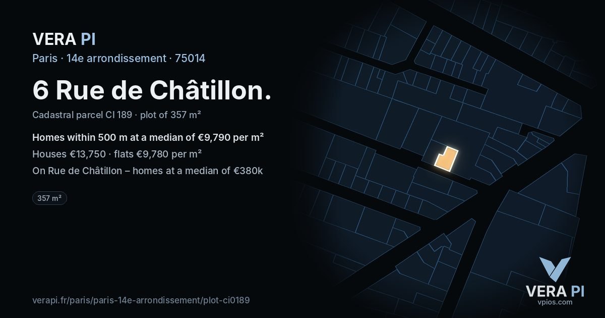 6 Rue de Châtillon, 14e arrondissement at night – the plot lit, the parcels around coloured by the prices near them