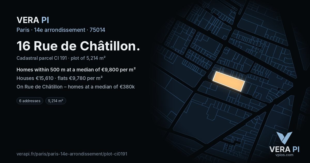 16 Rue de Châtillon, 14e arrondissement at night – the plot lit, the parcels around coloured by the prices near them