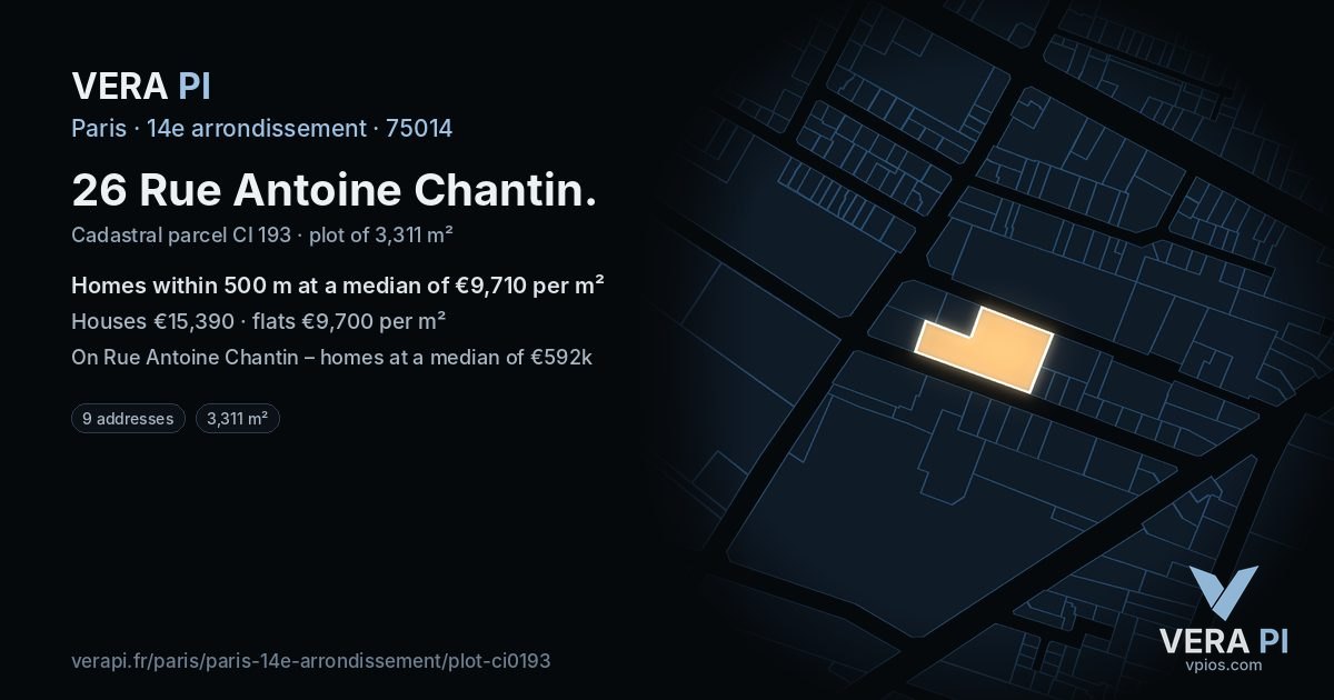 26 Rue Antoine Chantin, 14e arrondissement at night – the plot lit, the parcels around coloured by the prices near them