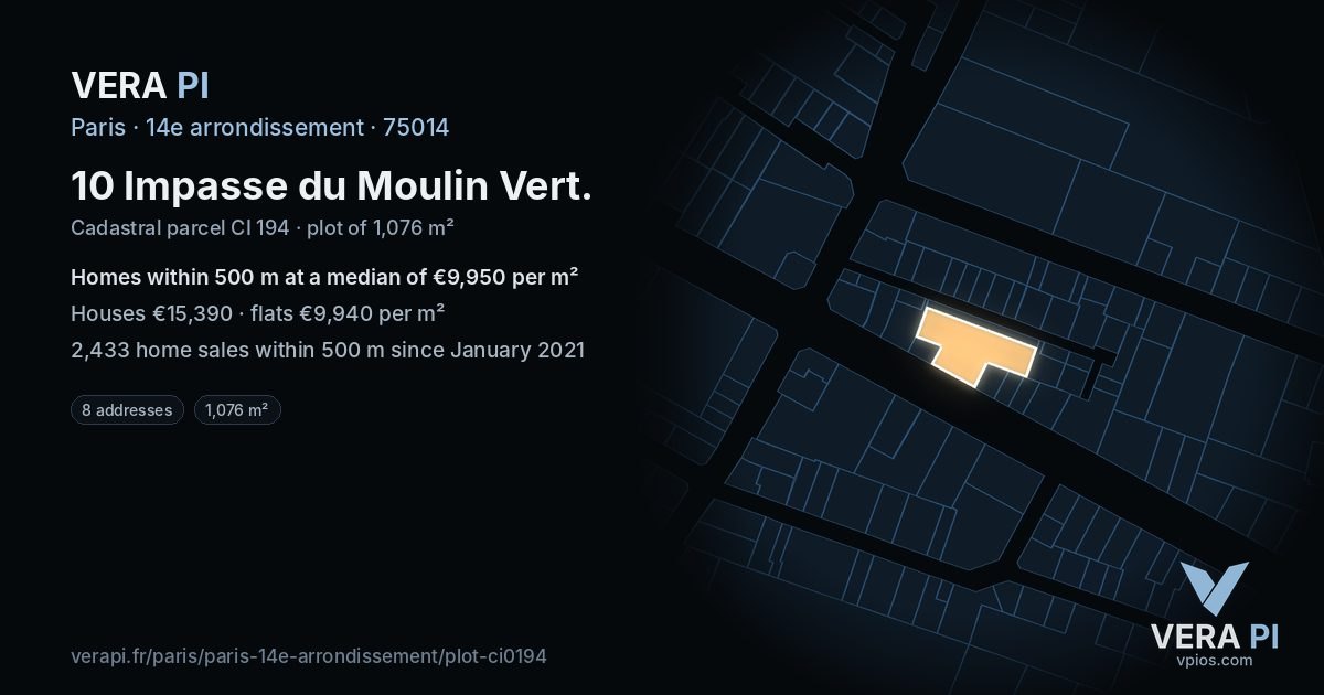 10 Impasse du Moulin Vert, 14e arrondissement at night – the plot lit, the parcels around coloured by the prices near them