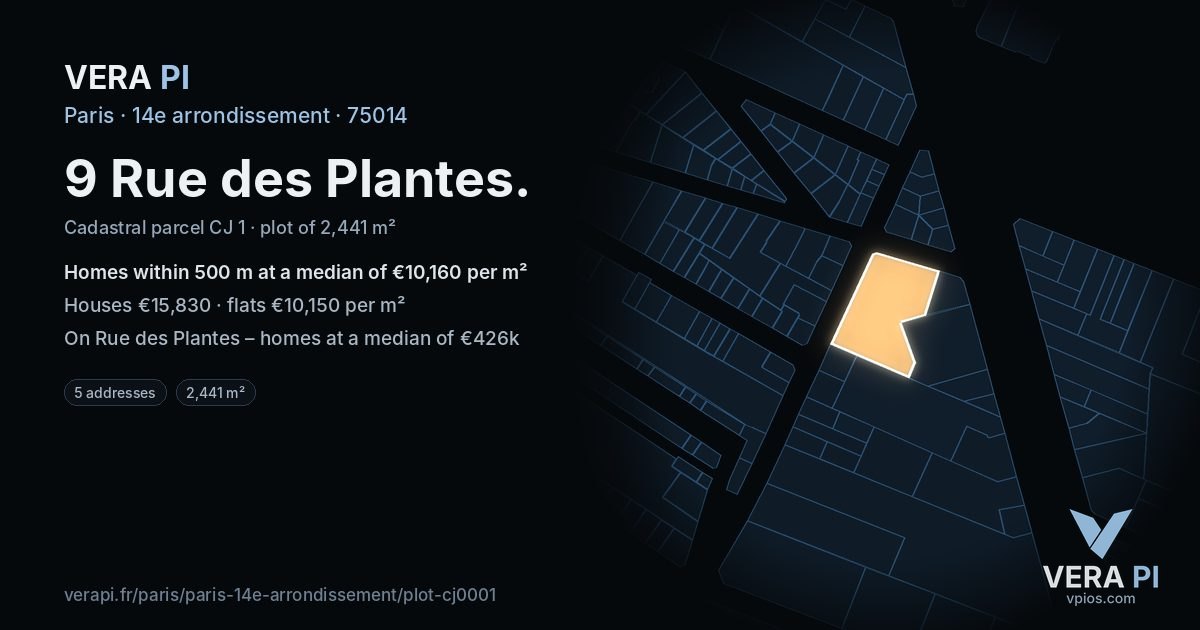 9 Rue des Plantes, 14e arrondissement at night – the plot lit, the parcels around coloured by the prices near them