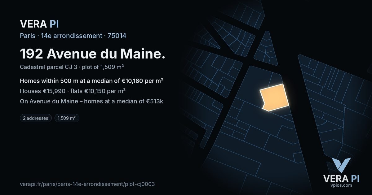 192 Avenue du Maine, 14e arrondissement at night – the plot lit, the parcels around coloured by the prices near them