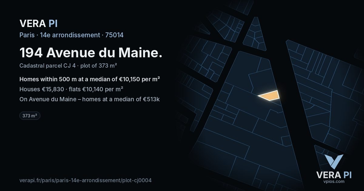 194 Avenue du Maine, 14e arrondissement at night – the plot lit, the parcels around coloured by the prices near them