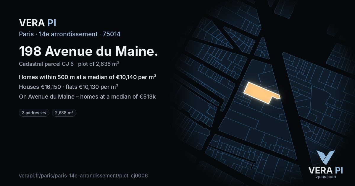 198 Avenue du Maine, 14e arrondissement at night – the plot lit, the parcels around coloured by the prices near them
