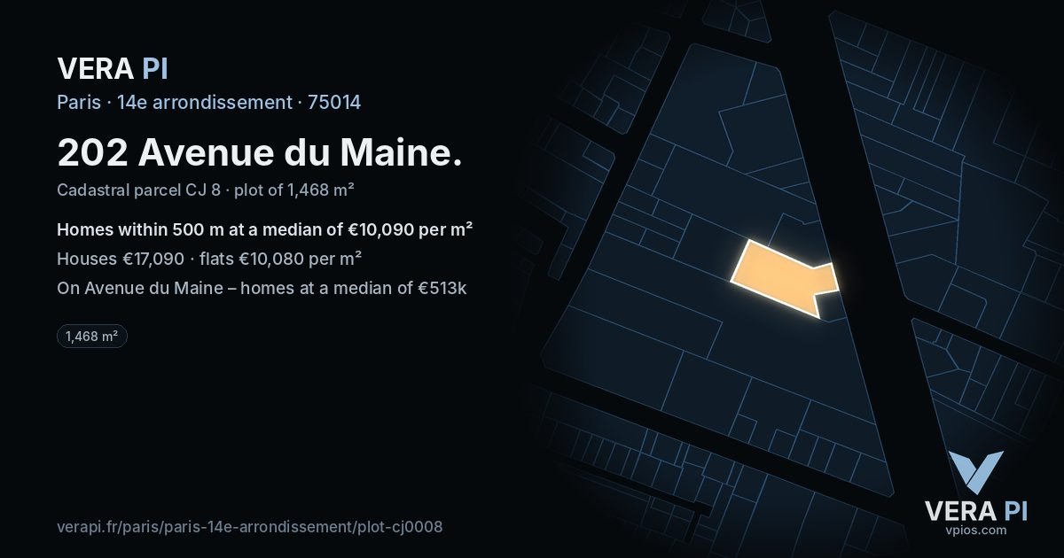 202 Avenue du Maine, 14e arrondissement at night – the plot lit, the parcels around coloured by the prices near them