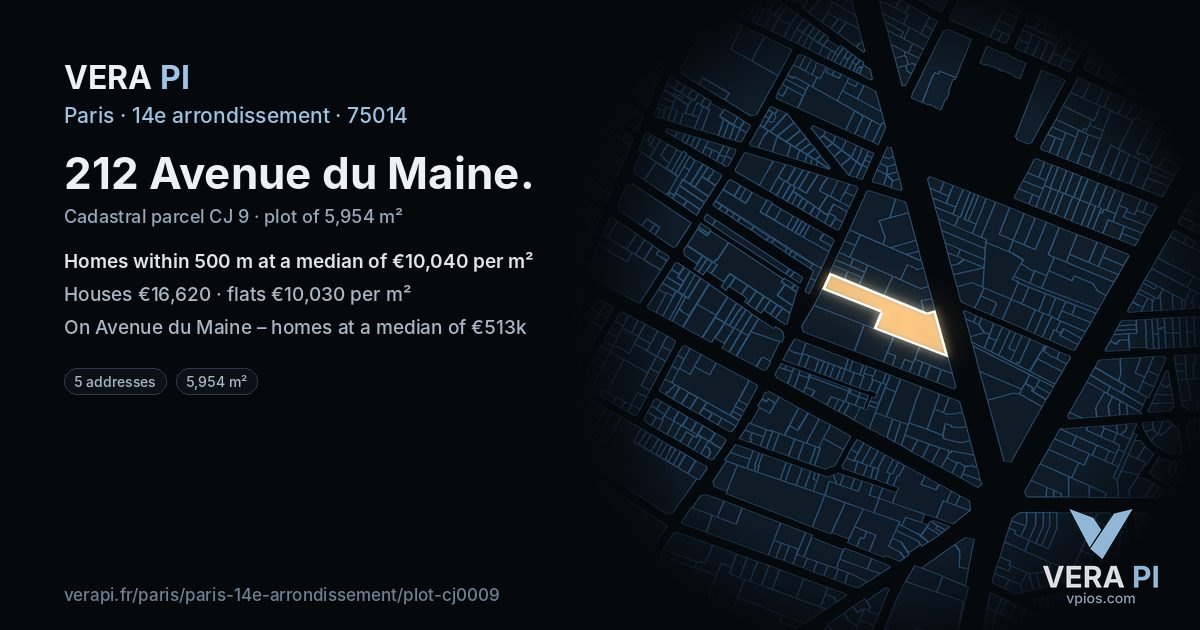 212 Avenue du Maine, 14e arrondissement at night – the plot lit, the parcels around coloured by the prices near them