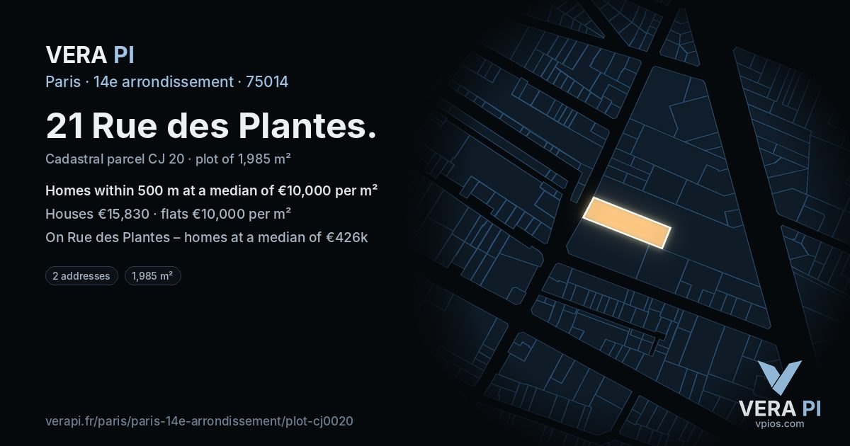 21 Rue des Plantes, 14e arrondissement at night – the plot lit, the parcels around coloured by the prices near them