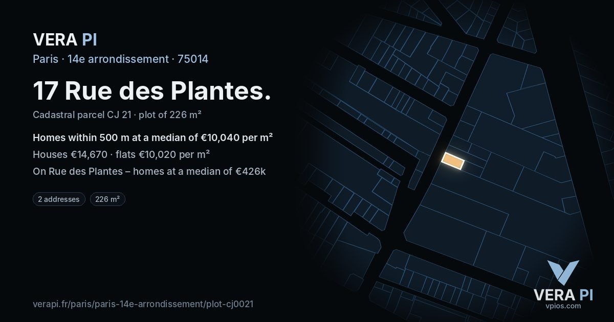 17 Rue des Plantes, 14e arrondissement at night – the plot lit, the parcels around coloured by the prices near them