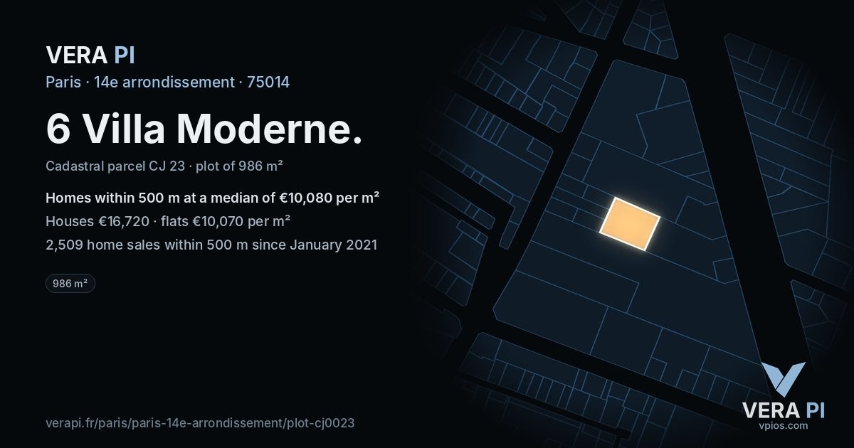 6 Villa Moderne, 14e arrondissement at night – the plot lit, the parcels around coloured by the prices near them