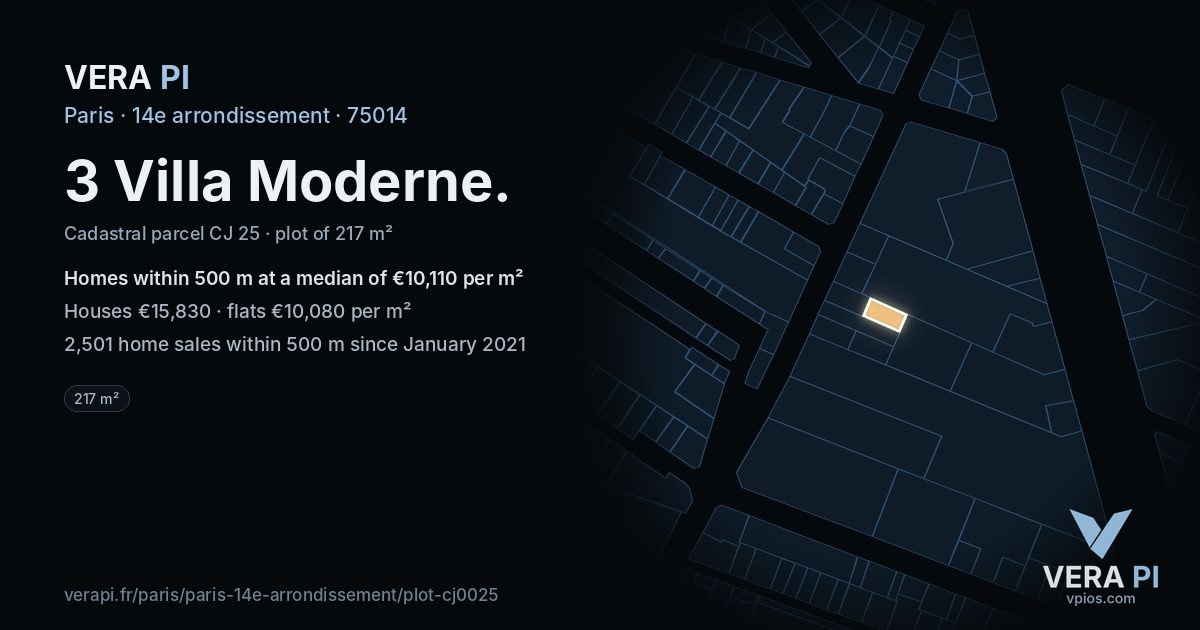 3 Villa Moderne, 14e arrondissement at night – the plot lit, the parcels around coloured by the prices near them