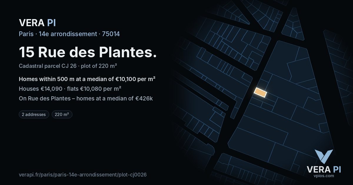 15 Rue des Plantes, 14e arrondissement at night – the plot lit, the parcels around coloured by the prices near them