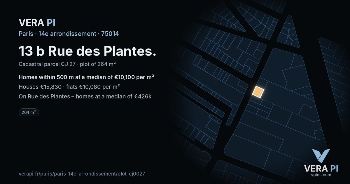 13 b Rue des Plantes, 14e arrondissement at night – the plot lit, the parcels around coloured by the prices near them