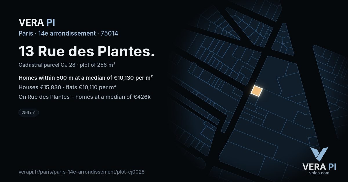13 Rue des Plantes, 14e arrondissement at night – the plot lit, the parcels around coloured by the prices near them