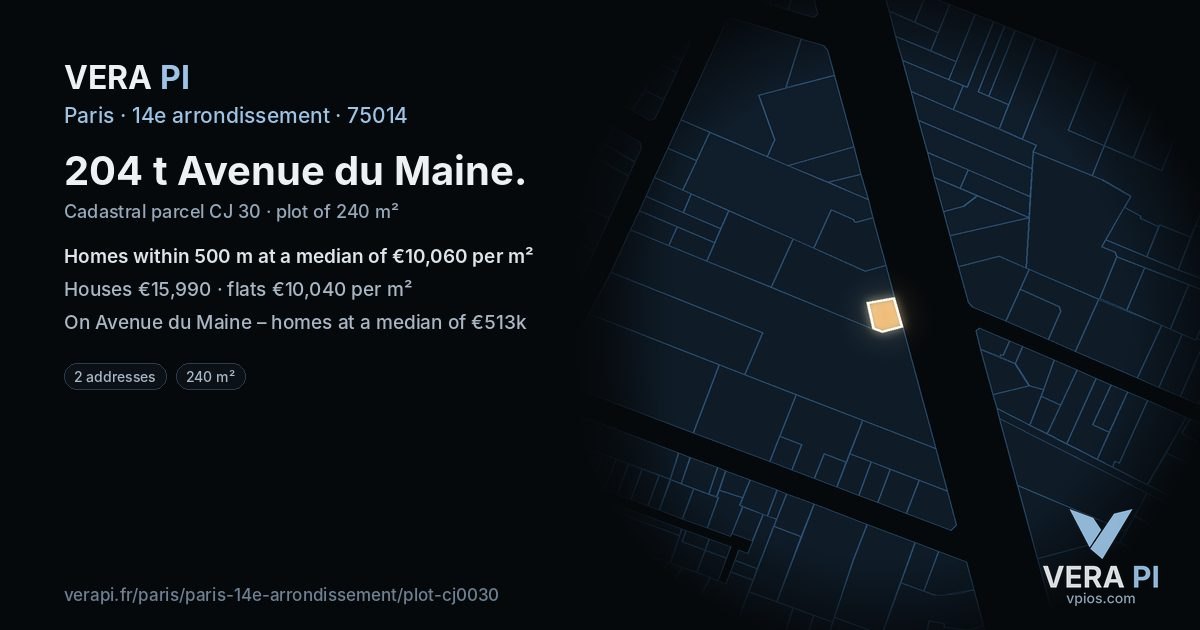 204 t Avenue du Maine, 14e arrondissement at night – the plot lit, the parcels around coloured by the prices near them