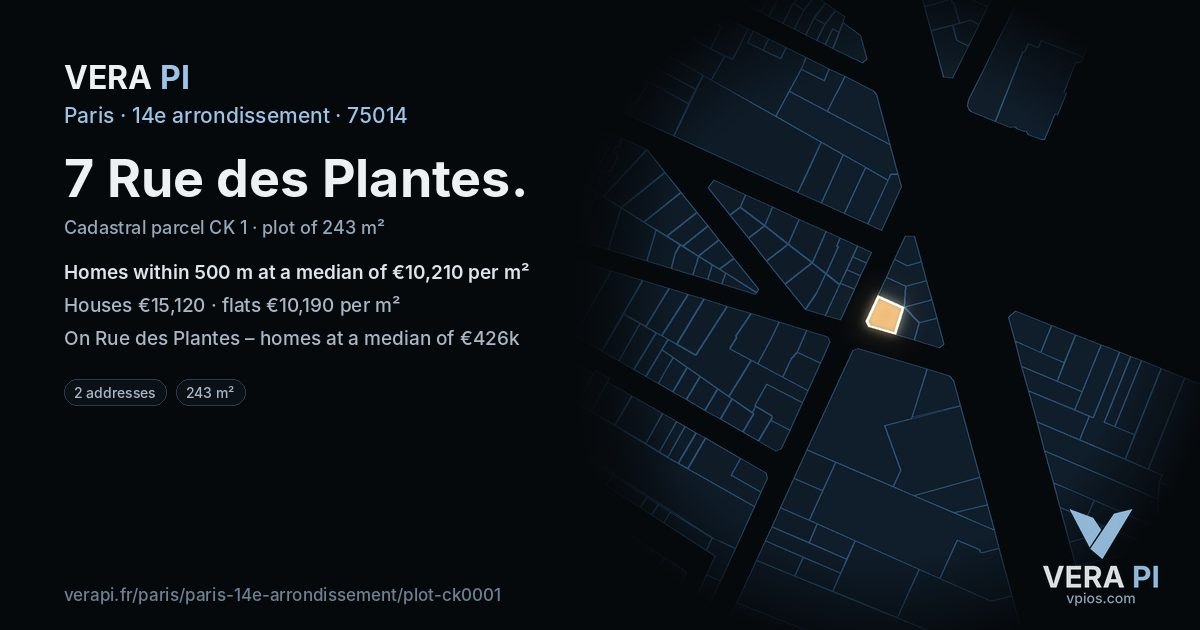 7 Rue des Plantes, 14e arrondissement at night – the plot lit, the parcels around coloured by the prices near them