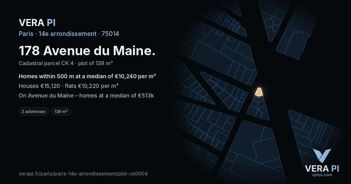 178 Avenue du Maine, 14e arrondissement at night – the plot lit, the parcels around coloured by the prices near them
