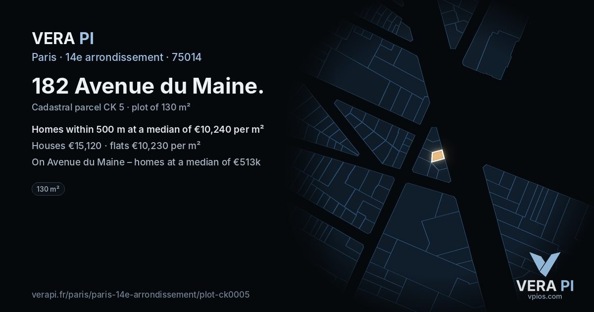 182 Avenue du Maine, 14e arrondissement at night – the plot lit, the parcels around coloured by the prices near them