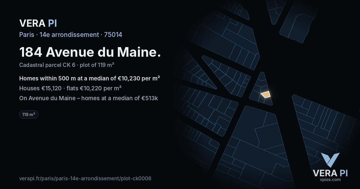 184 Avenue du Maine, 14e arrondissement at night – the plot lit, the parcels around coloured by the prices near them