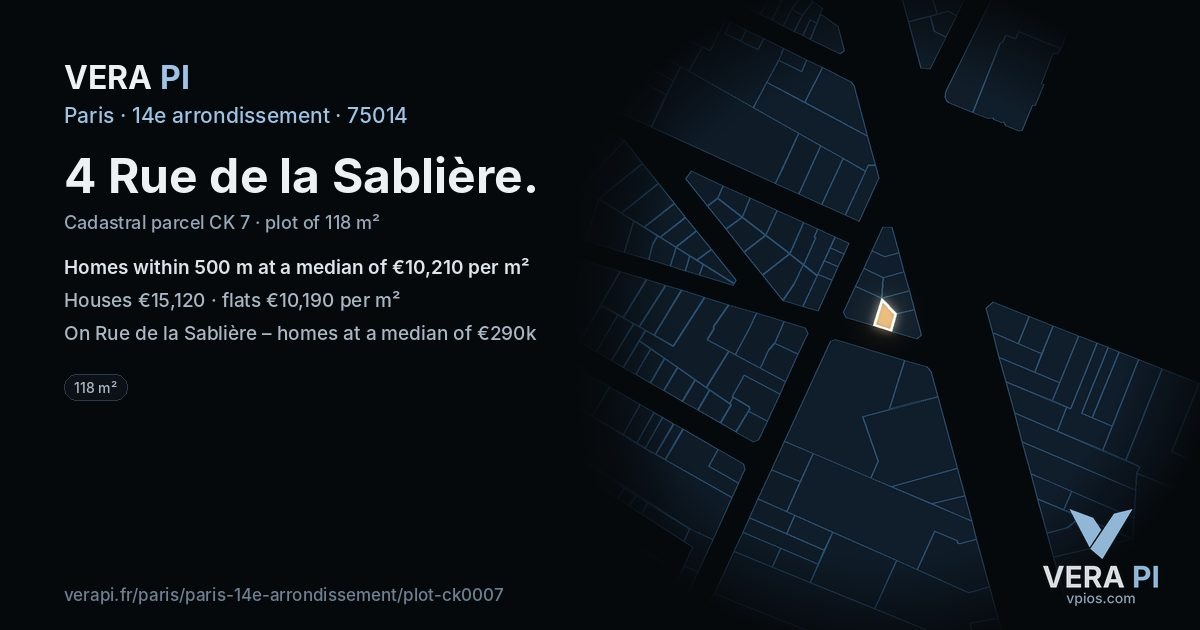 4 Rue de la Sablière, 14e arrondissement at night – the plot lit, the parcels around coloured by the prices near them