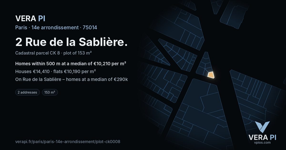 2 Rue de la Sablière, 14e arrondissement at night – the plot lit, the parcels around coloured by the prices near them