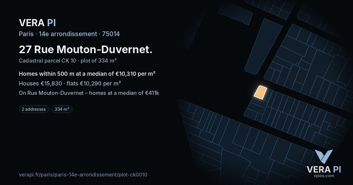 27 Rue Mouton-Duvernet, 14e arrondissement at night – the plot lit, the parcels around coloured by the prices near them