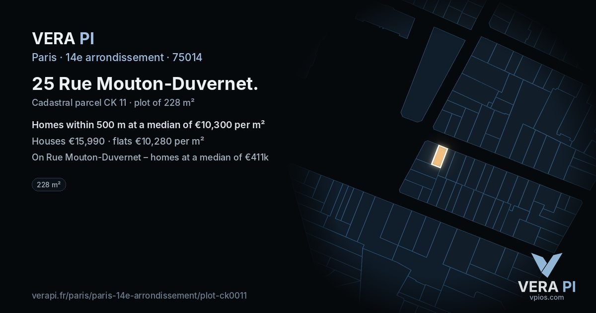 25 Rue Mouton-Duvernet, 14e arrondissement at night – the plot lit, the parcels around coloured by the prices near them