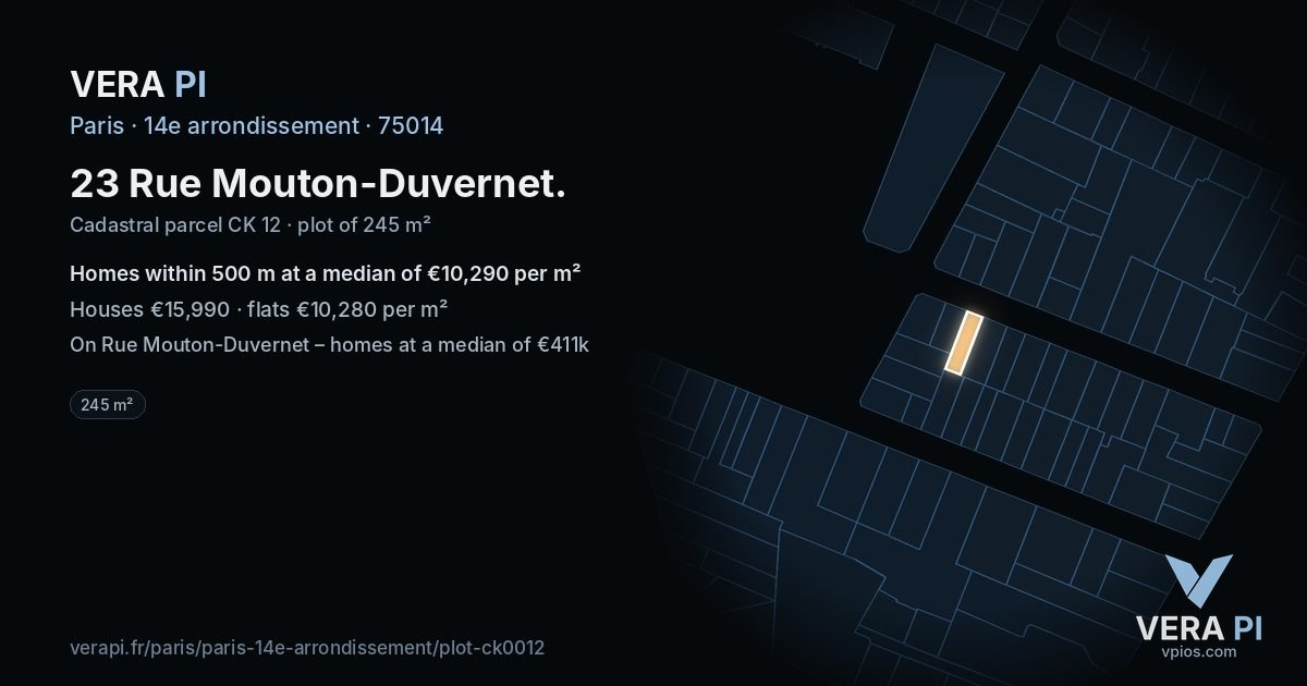 23 Rue Mouton-Duvernet, 14e arrondissement at night – the plot lit, the parcels around coloured by the prices near them