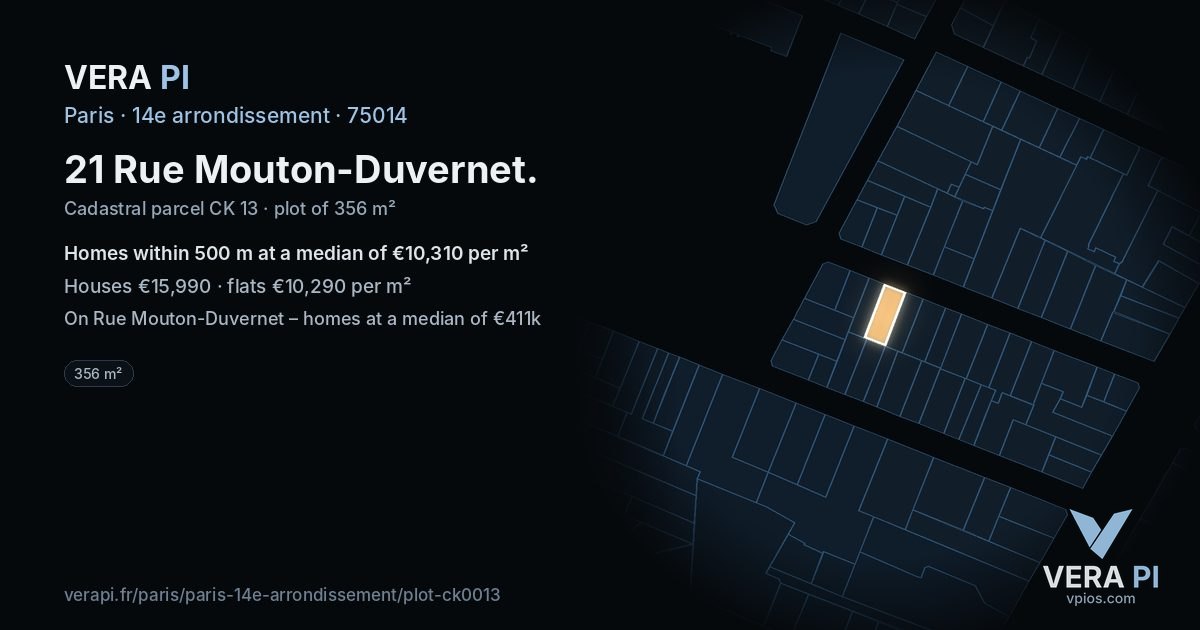 21 Rue Mouton-Duvernet, 14e arrondissement at night – the plot lit, the parcels around coloured by the prices near them