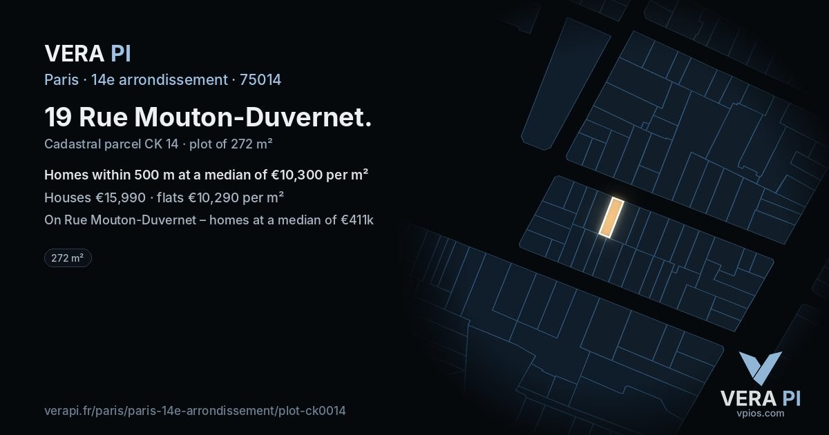 19 Rue Mouton-Duvernet, 14e arrondissement at night – the plot lit, the parcels around coloured by the prices near them