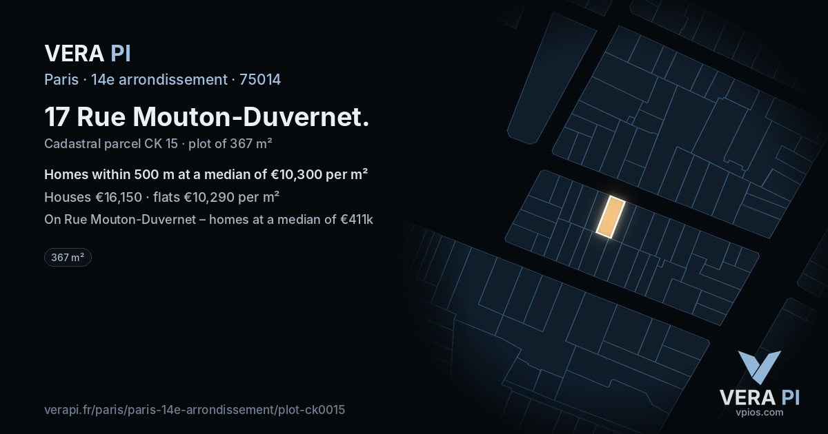 17 Rue Mouton-Duvernet, 14e arrondissement at night – the plot lit, the parcels around coloured by the prices near them