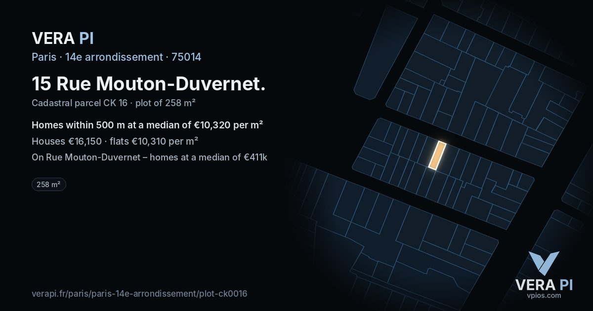 15 Rue Mouton-Duvernet, 14e arrondissement at night – the plot lit, the parcels around coloured by the prices near them