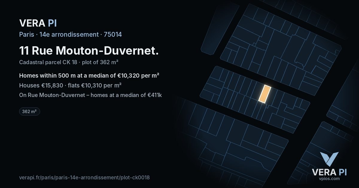 11 Rue Mouton-Duvernet, 14e arrondissement at night – the plot lit, the parcels around coloured by the prices near them