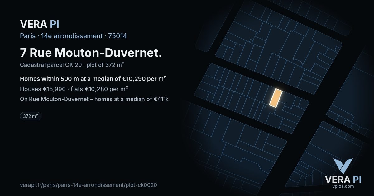 7 Rue Mouton-Duvernet, 14e arrondissement at night – the plot lit, the parcels around coloured by the prices near them