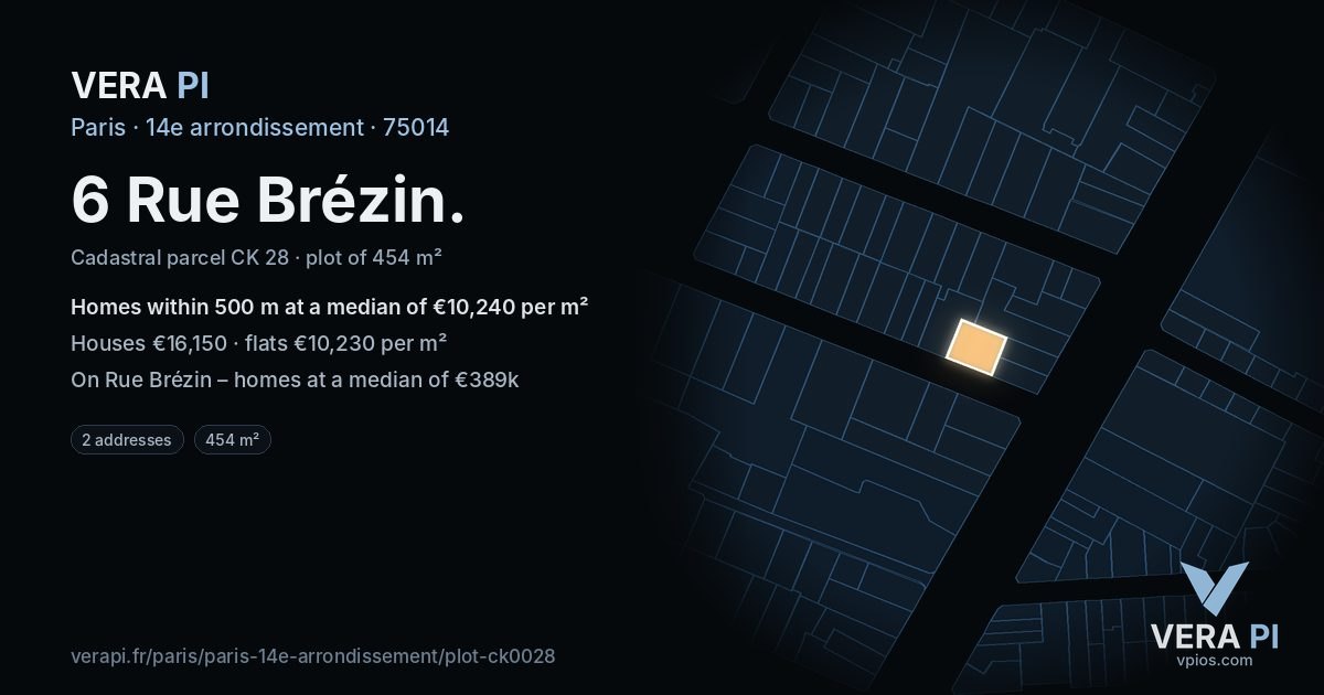 6 Rue Brézin, 14e arrondissement at night – the plot lit, the parcels around coloured by the prices near them