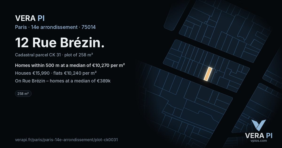 12 Rue Brézin, 14e arrondissement at night – the plot lit, the parcels around coloured by the prices near them