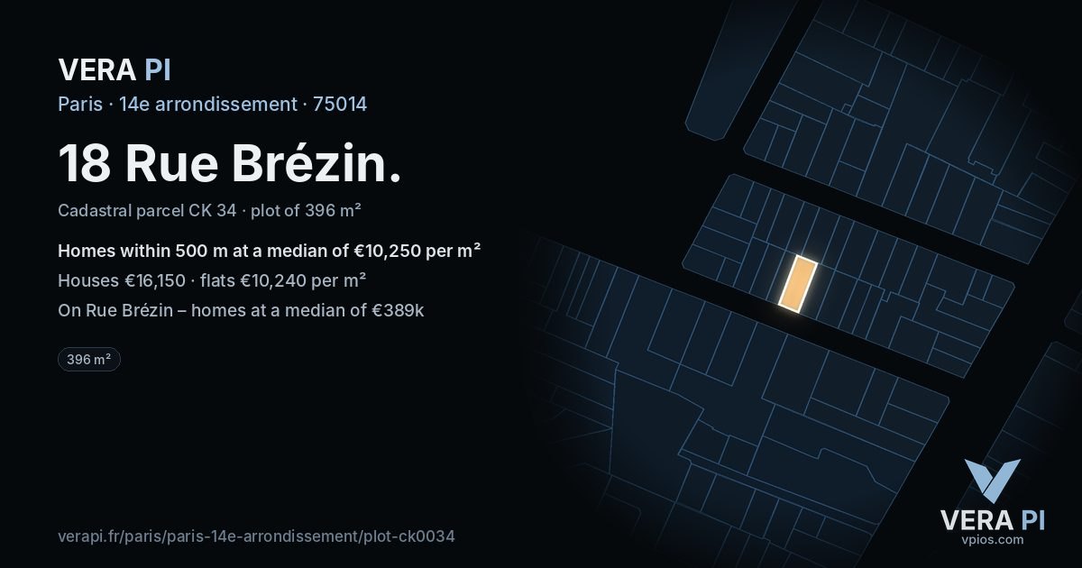 18 Rue Brézin, 14e arrondissement at night – the plot lit, the parcels around coloured by the prices near them