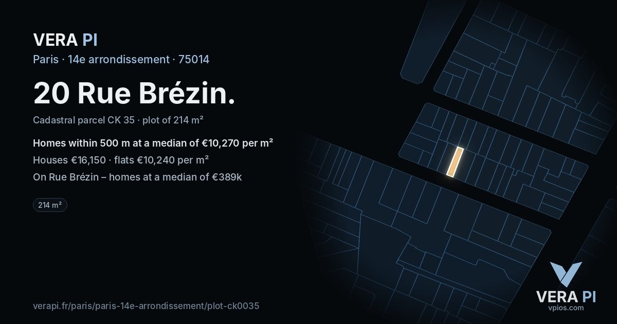 20 Rue Brézin, 14e arrondissement at night – the plot lit, the parcels around coloured by the prices near them